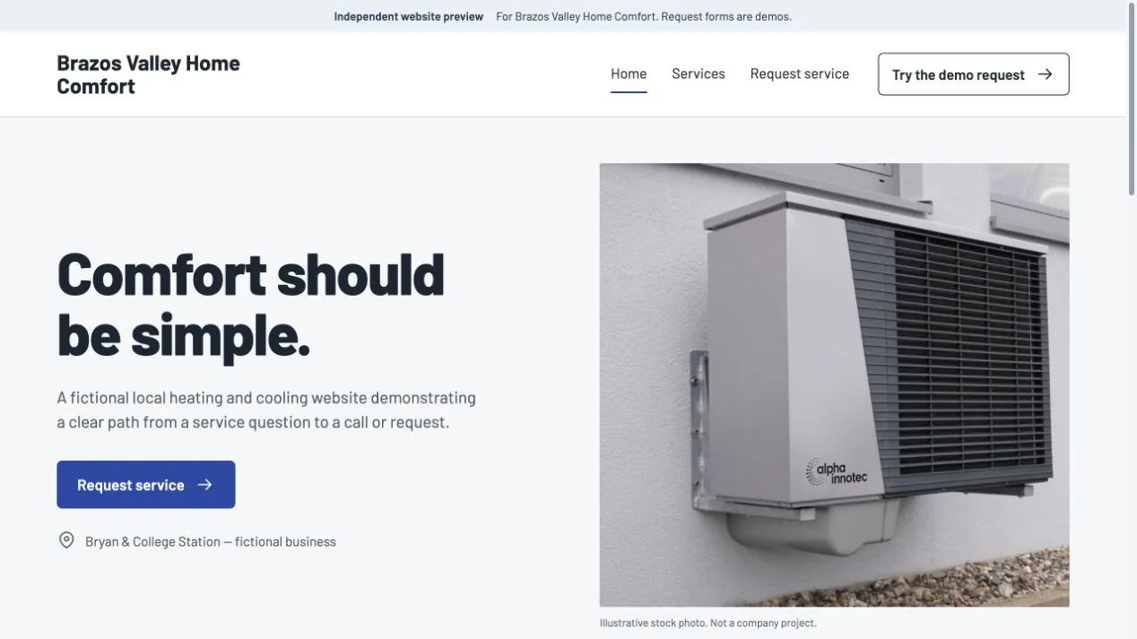 Desktop HVAC website example with services and clear contact buttons