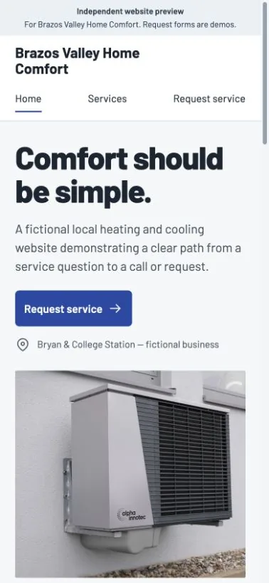 The same HVAC website on a phone, with call and service request buttons