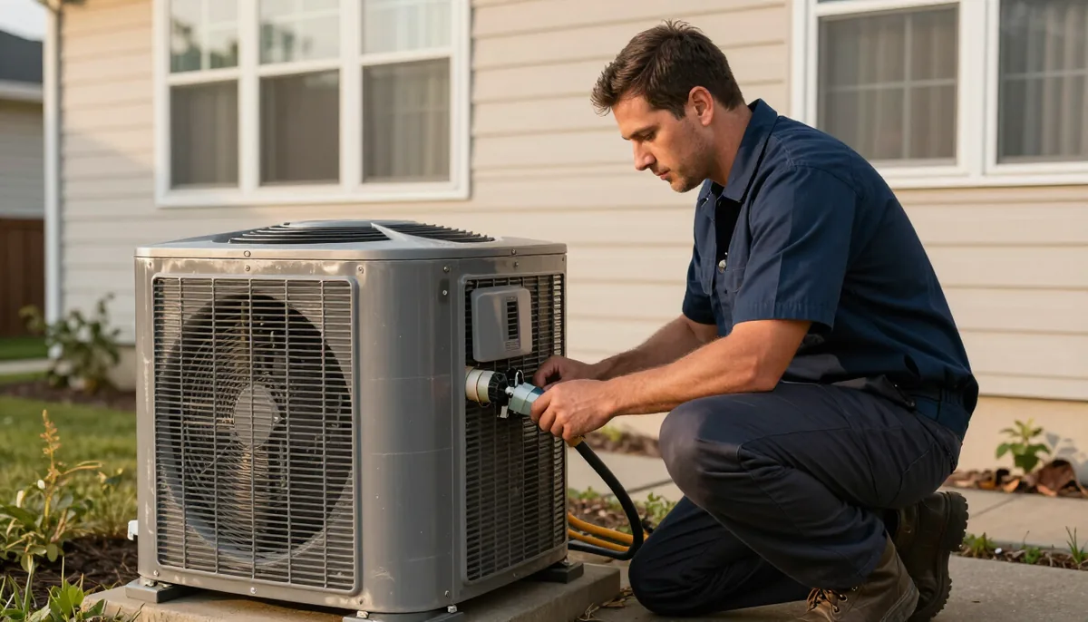 Illustrative person in blue workwear beside an outdoor air conditioner, as published on the WCU Services website